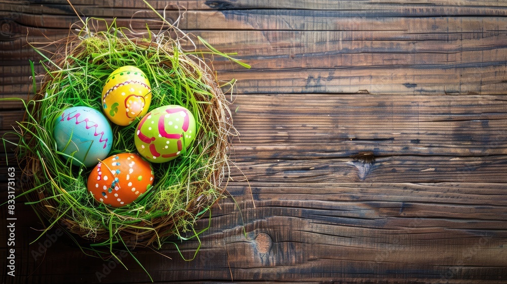 Wall mural easter eggs painted on grass nest on wooden table