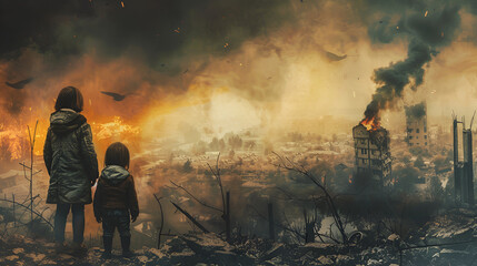 Arab children watch explosions in a deserted city ,generative ai