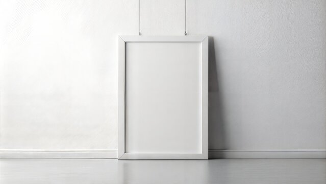 A1 size white poster mockup hanging in white frame on the white wall