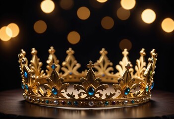 Create a photorealistic image of a majestic golden crown set against a dark background.