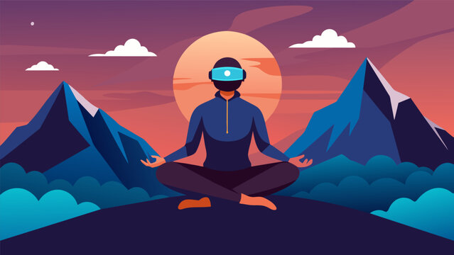 Picture yourself on a mountaintop as you find inner peace and serenity through a guided meditation session in virtual reality.. Vector illustration
