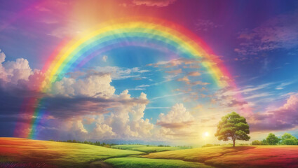 Obraz premium This image shows a rainbow over a field of red and yellow flowers