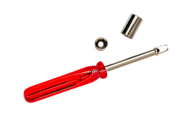 Socket wrench screw driver with red handle, metal hex nut key, hand tool screwdriver, with accessories isolated on white background
