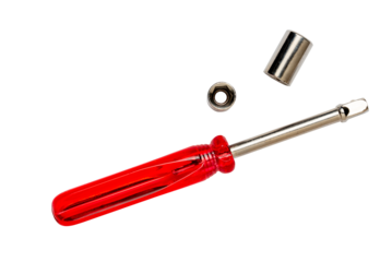 Socket wrench screw driver with red handle, metal hex nut key, hand tool screwdriver, with accessories isolated on white background
