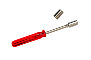 Socket wrench screw driver with red handle, metal hex nut key, hand tool screwdriver, with accessories isolated on white background

