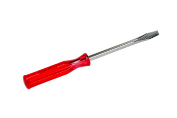 Flat screw driver with red handle, hand tool screwdriver, isolated on white background