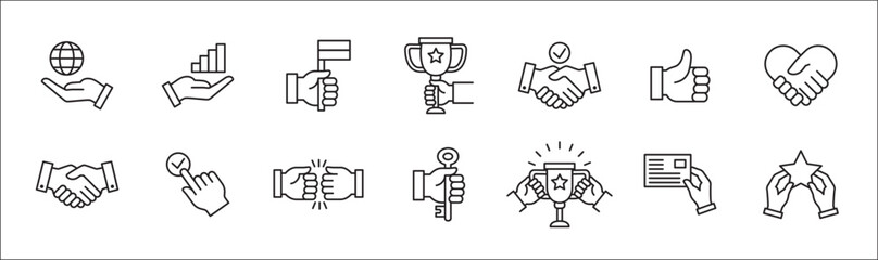 Business icon set. Entrepreneurship icons. Success symbol collection. Included icons of global market, data preserved, achievement, handshake, key of success, goal. Vector isolated on white.