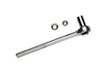 Multi purpose combination iron socket wrench, with accessories, isolated on white background