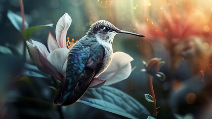 Fototapeta premium Close up of hummingbird perches and forage on the flower. Animal theme background.