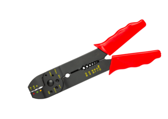 Universal crimping / stripping pliers with red handles, isolated on white background