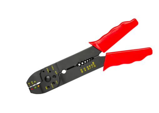 Universal crimping / stripping pliers with red handles, isolated on white background