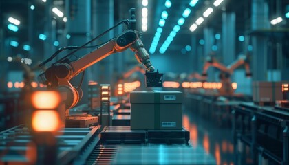 Fototapeta premium A futuristic distribution center with robotic arms moving stock around