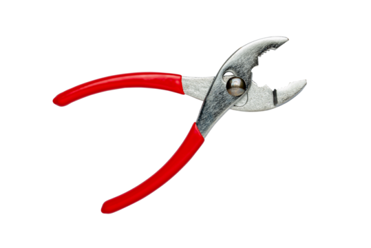 Open slip joint pliers with red handles, anti-magnetic titanium, isolated on white background