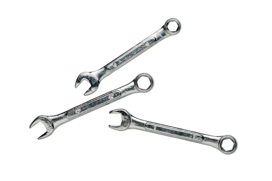 Three chrome vanadium wrenches isolated on white background