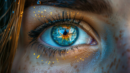 Double exposure of human eye with city night lights on the background. Modern technology concept