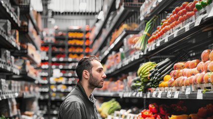 A man confidently stands in the grocery store aisle, surrounded by shelves filled with a variety of products