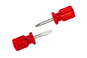 Miniature short-handled screwdrivers with red handle, isolated in white background