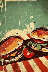 Big hamburger on old paper texture. Fast food menu vector cover design