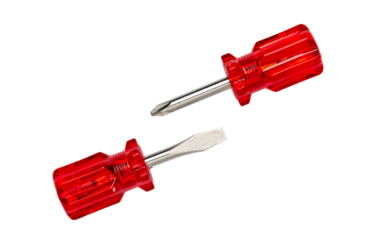 Miniature short-handled screwdrivers with red handle, isolated in white background