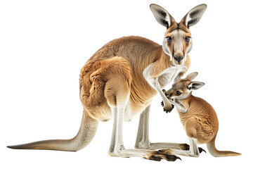 Kangaroo with joey in belly front bag isolated on transparent white background. - Powered by Adobe