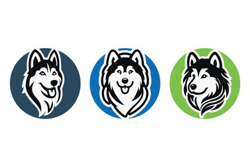 Dog logo template. Siberian husky dog silhouette head in round shape. Illustration icon design on vector white background. For brand, animal pet, t-shirt, dog club, pet shop, grooming, dog lover