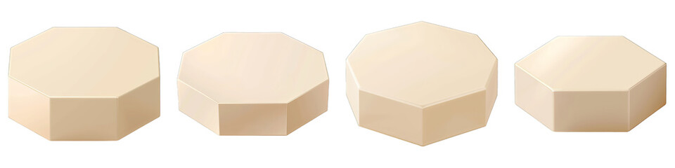 Fototapeta premium Set of Cream Hexagon Podium isolated on transparent png background collection set . Generative ai