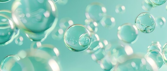 3D render of floating glass spheres or baubbles, pastel green mint color