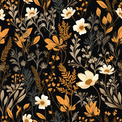 Luxurious vintage design with earth tone wildflowers and leaves in a seamless pattern, ideal for earth-themed projects and backgrounds.