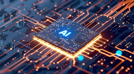 Powerful computer processor microchip with the word representing artificial intelligence
