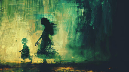 Digital art featuring an abstract silhouette of a woman with a haunted doll, evoking eerie, spiritrelated themes.