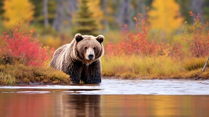 Grizzly Bear by Waters Edge Autumn Color Background Captive