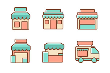 Set of store building and stall icon with colorful design on a white background