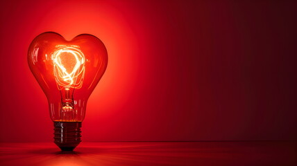 Light bulb with a heart shape glowing filament on a red background