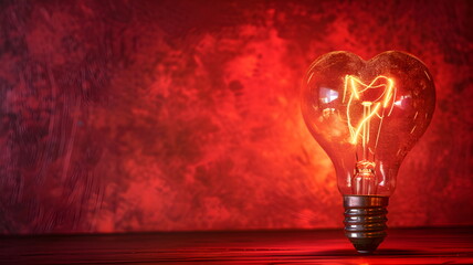 Light bulb with a heart shape glowing filament on a red background