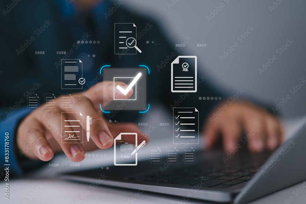 Poster businessman touching approved document icon on digital documents for approve business project propos