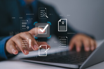 Businessman touching approved document icon on digital documents for approve business project proposals. Quality assurance and online evaluation of business concept.