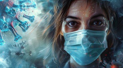 Empowering artwork showcases a confident woman supporting healthcare workers during the virus response, embodying resilience and support.