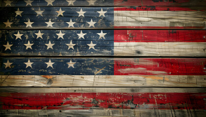 An old, weathered American flag on a wooden background, evoking a sense of patriotism and tradition. Suitable for patriotic holidays, historical events, and cultural references.