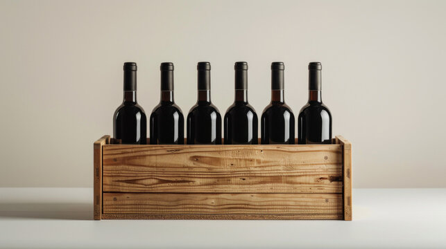 Box for six dark bottles of wine in a minimalist style for displaying products for advertising purposes