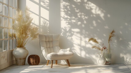 Living room interior have armchair and decor accessories with white color wall