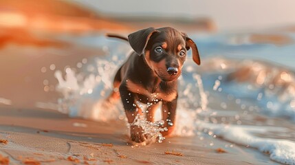 Adorable puppy joyfully running on the beach by the waves, capturing the essence of freedom and playfulness in a breathtaking sunset.