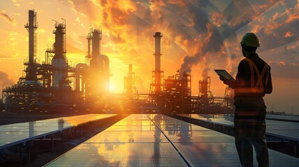 Panoramic double exposure of smart engineer maintenance in solar power plant checking installing photovoltaic solar modules with digital tablet with Oil and gas refinery industry plant background.