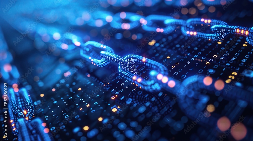 Poster blockchain technology featuring a digital ledger with interconnected blocks of data in a blue