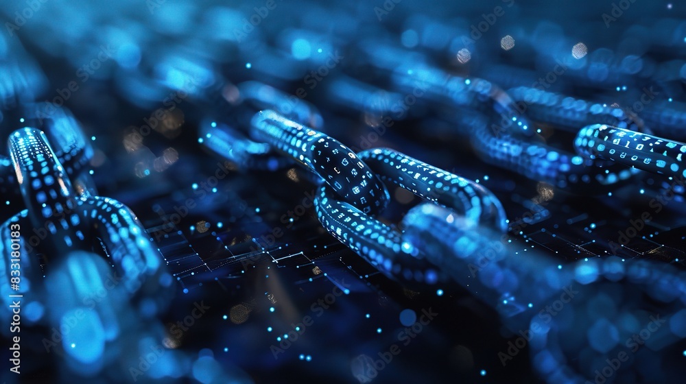 Poster blockchain technology featuring a digital ledger with interconnected blocks of data in a blue