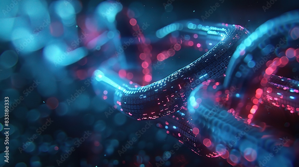 Poster blockchain technology featuring a digital ledger with interconnected blocks of data in a blue