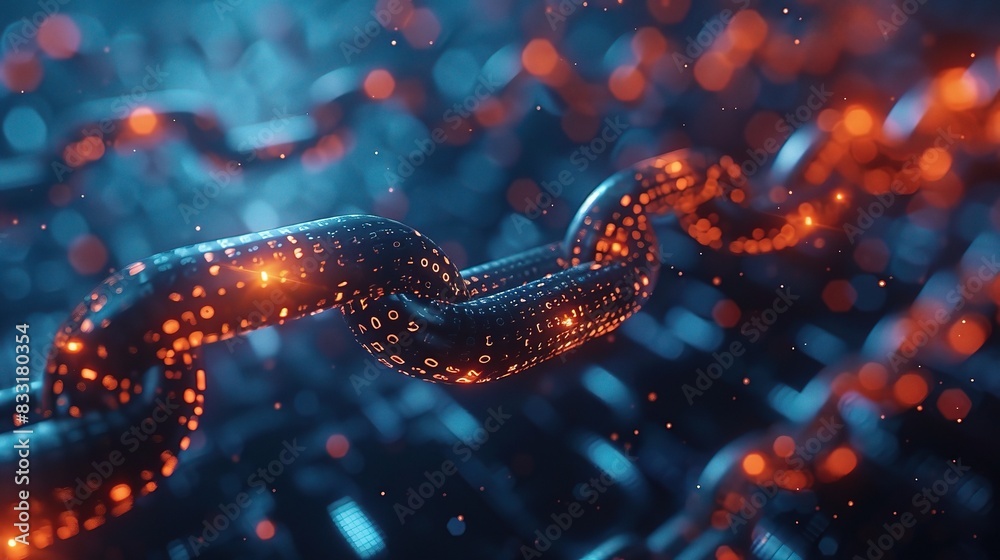 Poster blockchain technology featuring a digital ledger with interconnected blocks of data in a blue