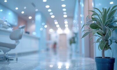 Blurred background of a large, modern dental clinic featuring sleek blue and white colors