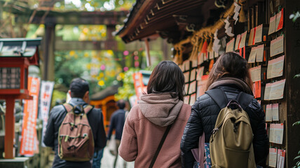 成功を祈って神社を訪れる日本の親子