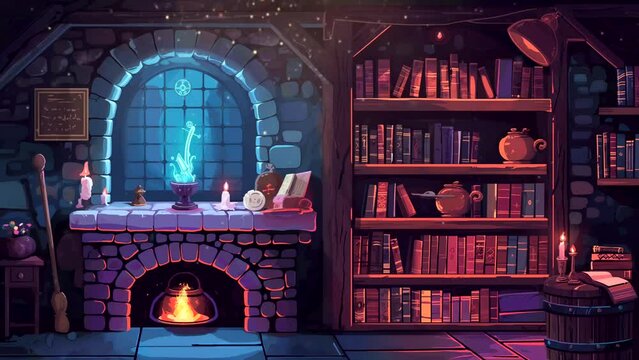 Witch's room with equipment and fireplace. Looping time-lapse animation background