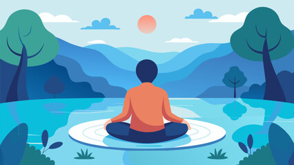 A person sitting on the edge of a pond mesmerized by the gentle rippling of the water as they focus on their thoughts and feelings during a. Vector illustration